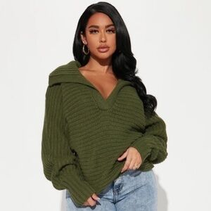 Fashion Nova Green Ribbed Knit Collar Pullover Sweater